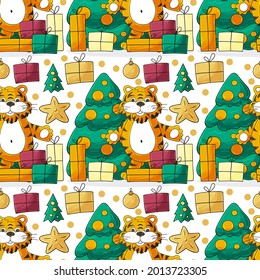 Seamless vector pattern for year of the tiger 2022. Pattern in hand draw style. Tiger. Can be used for fabric