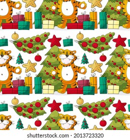 Seamless vector pattern for year of the tiger 2022. Can be used for fabric, packaging, wrapping paper and etc