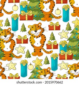 Seamless vector pattern for year of the tiger 2022. Pattern in hand draw style. Tiger, Christmas tree, gifts, Christmas