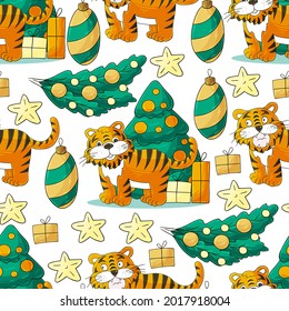Seamless vector pattern for year of the tiger 2022. Pattern in hand draw style. Tiger, Christmas tree, gifts
