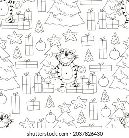 Seamless vector pattern for year of the tiger 2022. Pattern in hand draw style. Tiger, Christmas tree, gifts, Christmas tree decorations