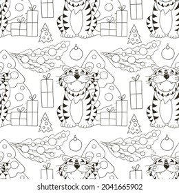 Seamless vector pattern for year of the tiger 2022. Pattern in hand draw style. Tiger, Christmas tree, gifts