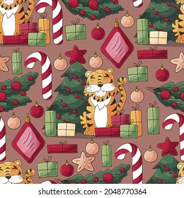 Seamless vector pattern for year of the tiger 2022. Pattern in hand draw style. Tiger, Christmas tree, gifts, candy cane
