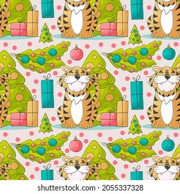 Seamless vector pattern for year of the tiger 2022. Pattern in hand draw style. Tiger, Christmas tree, gifts