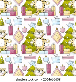 Seamless vector pattern for year of the tiger 2022. Pattern in hand draw style. Tiger, Christmas tree
