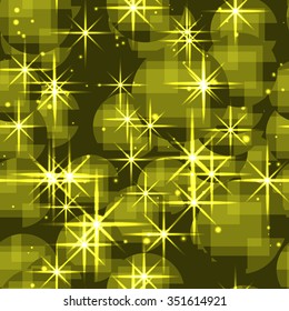 Seamless vector pattern. Yellow  abstract Christmas glittering background with squares and stars.