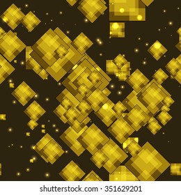 Seamless vector pattern. Yellow  abstract Christmas glittering background with squares  and  stars.