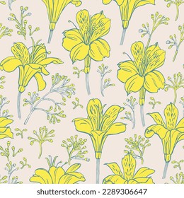 Seamless vector pattern with yellow alstroemeria on a light beige background.