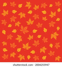 Seamless vector pattern with yellow autumn leaves on orange background in flat style. Perfect for print, wrapping paper, wallpaper, fabric, kids design.
