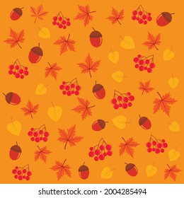 Seamless vector pattern with yellow autumn leaves, acorns and bunches of red berries on an orange background in a flat style. Perfect for print, wrapping paper, wallpaper, fabric, kids design.