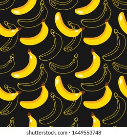 Seamless vector pattern of yellow bananas on a black background. Hand drawn bananas pattern for pattern fills, backgrounds, surface textures, textile. wrapping paper. Yellow banana pattern.