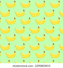 Seamless vector pattern of yellow bananas on a green background. For wrapping paper, gift card, poster, banner design, home decor, modern textile print. Vector illustration.