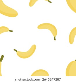 Seamless vector pattern with yellow bananas on white background. Bright, playful design perfect for textiles, packaging, kitchen decor, wrapping paper, and summer-themed projects.