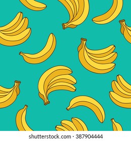 Seamless vector pattern of yellow bananas on a blue background. Yellow fruit.