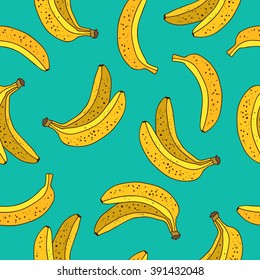 Seamless vector pattern of yellow bananas on a blue background.