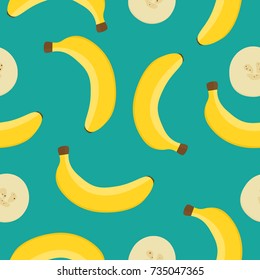 Seamless vector pattern with yellow bananas on a blue background. Fresh tropical fruits. Vector illustration for packaging, clothing.