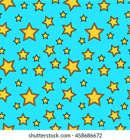 Seamless vector pattern with yellow cartoon stars on blue background.