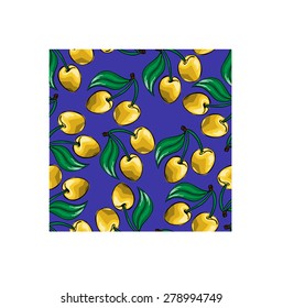 Seamless vector pattern. yellow cherries with green leaves randomly located on the blue background.