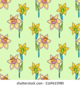 Seamless vector pattern with yellow daffodil flowers.