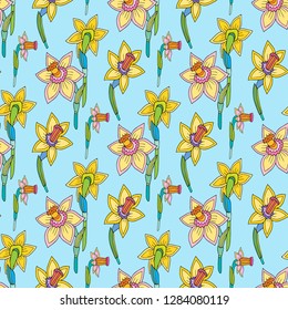 Seamless vector pattern with yellow daffodil flowers.