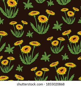 Seamless vector pattern with yellow dandelions on brown background. Wildflower meadow wallpaper design. Floral fashion textile.