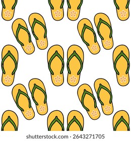 Seamless vector pattern of yellow flip-flops with peach flowers and green straps, creating a cheerful summery design perfect for beach-themed projects.