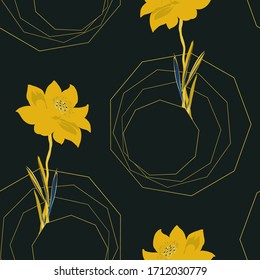 Seamless vector pattern with yellow flowers and inflorescences and geometric shapes on a black background. Abstract square pattern for fabric, wallpaper and design.