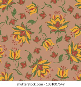 Seamless vector pattern with yellow flowers on beige background. Beautiful vintage floral wallpaper design. Embroidery fashion textile.