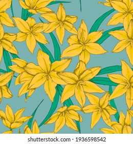 Seamless vector pattern with yellow flowers on turquoise background. Good print for wallpaper, textile, wrapping paper, ceramic tiles