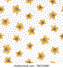 Seamless vector pattern with yellow flowers and grey dots on white background