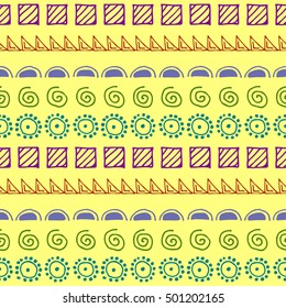 Seamless vector pattern. Yellow geometrical background with hand drawn little decorative elements. Print with ethnic, folk, traditional motifs. Graphic vector illustration. 