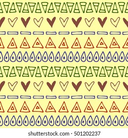 Seamless vector pattern. Yellow geometrical background with hand drawn little decorative elements. Print with ethnic, folk, traditional motifs. Graphic vector illustration. 