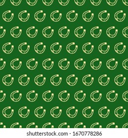 Seamless vector pattern with yellow, gold Horseshoe on green backdrop for St. Patrick's Day. Spring party background for greetings card, flyer, decor, packaging design and more.