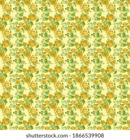 Seamless vector pattern with yellow and green sprigs of berries, leaves mixed with transparency on a yellowish background, for hoop, surface, packaging, postcards, wallpaper.