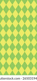 Padrão de vetor sem costura com design de diamante argyle amarelo e verde, textura pontilhada, fundo de primavera festivo, simetria geométrica, cores alegres, moda retrô, estilo decorativo lúdico