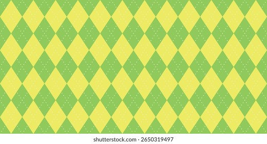 Padrão de vetor sem costura com design de diamante argyle amarelo e verde, textura pontilhada, fundo de primavera festivo, simetria geométrica, cores alegres, moda retrô, estilo decorativo lúdico