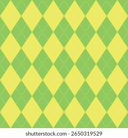 Padrão de vetor sem costura com design de diamante argyle amarelo e verde, textura pontilhada, fundo de primavera festivo, simetria geométrica, cores alegres, moda retrô, estilo decorativo lúdico
