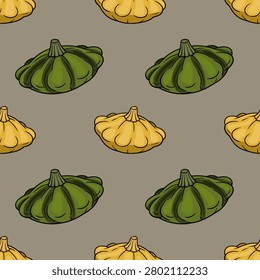 Seamless vector pattern with yellow and green pattypan squash vegetables on a muted grey background