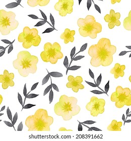 seamless vector pattern of yellow hand painting watercolor flowers and black leaves