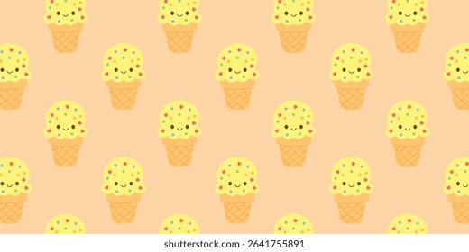 Seamless vector pattern of yellow ice cream cones with smiling faces and sprinkles — great for textiles, planners, and creative kids' products.