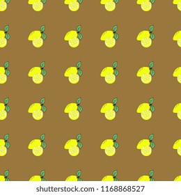 Seamless vector pattern with yellow lemon made from handmade, artistic, green leaves on a brown background. Bright illustrations. Beautiful tile, wrap, cover, textiles, postcard, wallpaper design.