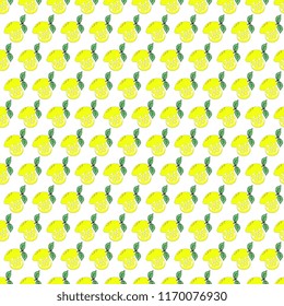 Seamless vector pattern with yellow lemon made from handmade, artistic, green leaves on a white background. Bright illustrations. Beautiful tile, wrap, cover, textiles, postcard, wallpaper design.
