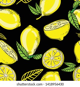 Seamless vector pattern with yellow lemon. Hand drawing print. Summer pattern. print for T-shirts, textiles, wrapping paper, web. 