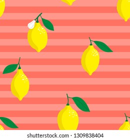 Seamless vector pattern with yellow lemons on coral striped background