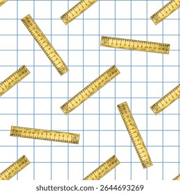 Seamless vector pattern with yellow measuring rulers on a grid notebook background. Hand drawn school supply design for educational, stationery and back to school projects.