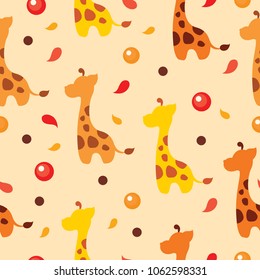 Seamless vector pattern with yellow and orange jiraffes, leaves and spots. Warm summer background. Jungle baby wrapping paper.