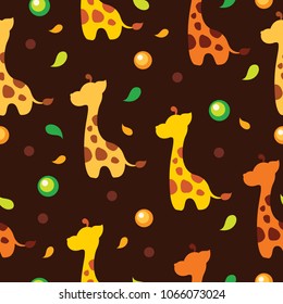 Seamless vector pattern with yellow and orange jiraffes, leaves and spots. Warm summer brown background. Jungle baby wrapping paper.