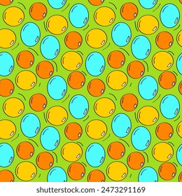 Seamless vector pattern with yellow, orange and blue bubbles on a bright green background. Festive print for textiles, fabrics, paper and other surfaces