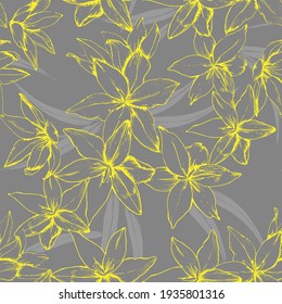 Seamless vector pattern with yellow outline sketches of flowers on gray background 