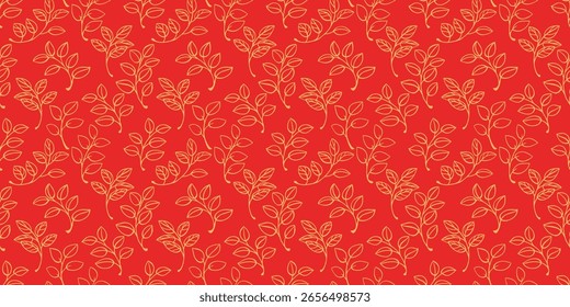 Seamless vector pattern of yellow outline leaf branches on a bright orange background. Elegant and minimalist nature ornament print, design for autumn-themed projects, textiles, packaging, wallpaper